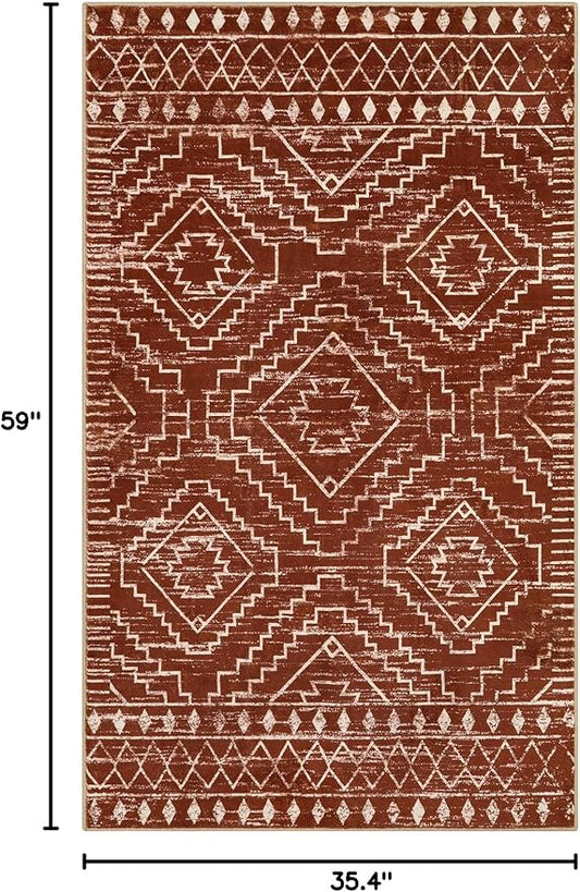 Wonnitar Moroccan Washable Area Rug, 3x5 Non-Slip Rugs for Living Room, Geometric Tribal Kitchen Entry Throw Mat, Soft Low Pile Non-Shedding Carpet for Bedroom Apartment Dorm (Brown,3'x5')