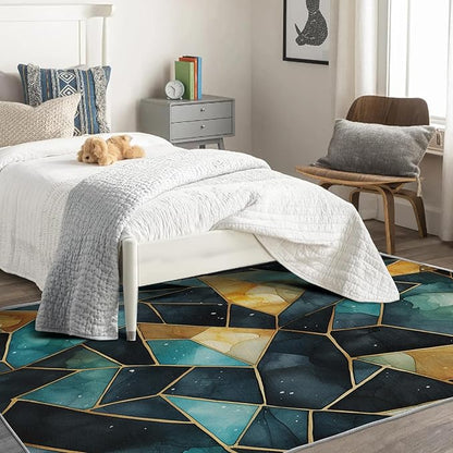 Blue and Gold Rug, 5x8 Rug, Watercolor Art Rugs for Living Room Bedroom, Luxury Large Area Rug, Washable Rug Non Slip Soft Indoor Carpet, Blue and Gold Home & Room Decor