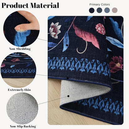 Vintage Medallion Floral Indoor Door Mat 2x3, Machine Washable Entryway Rug, Low Pile Soft Small Carpet, Non-Slip Area Rug for Entrance, Bedroom, Kitchen & Kids Room | Blue