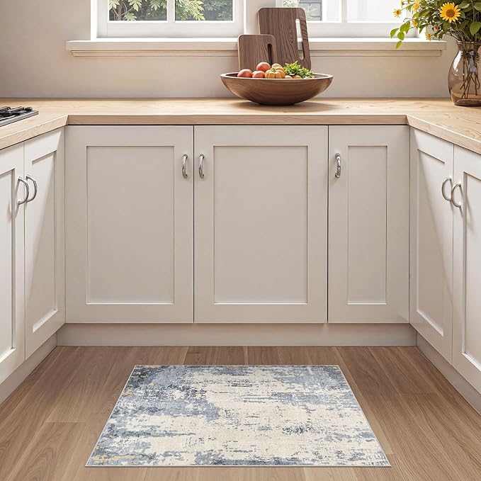 2x3 Entryway Area Rug: Washable Neutral Modern Abstract Small Rug - Non-Slip Low Pile Throw Indoor Carpet for Entrance Kitchen Front Door Mat Bathroom Entry Kids Room - Blue/Light Brown