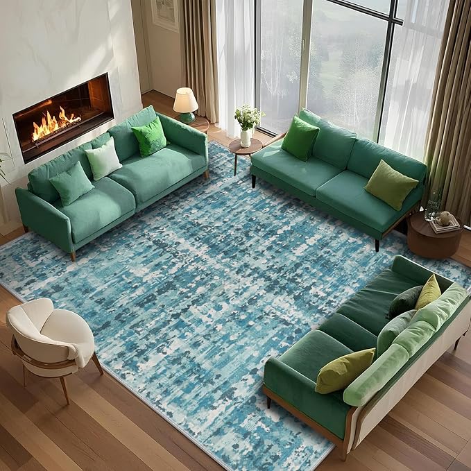 6x9 Abstract Area Rugs for Living Room, Modern Teal Blue Washable Indoor Rug for Bedroom, Thin Soft Large Non-Slip Carpet for Dining Room Home Office Farmhouse Decor