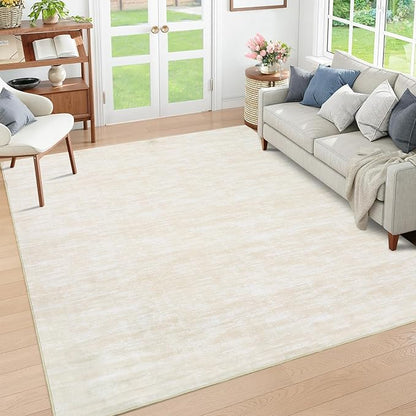 RUGSREAL Washable Contemporary Area Rug Low-Pile Solid Modern Area Rug Non-Slip Stain Resistant Home Office Solid Rug for Living Room Bedroom Kids Room, 5' x 7' Cream-White