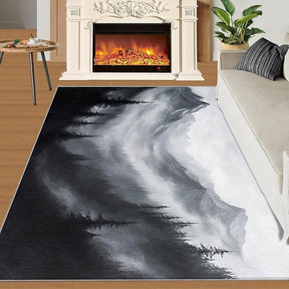Misty Forest Rugs for Bedroom - 3x5 Area Rug - Modern Black White Art Rugs for Living Room, Natural Landscape Rug, Washable Home Decor Carpet