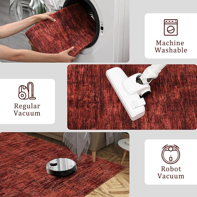 RUGSREAL 2x6 Runner Rug Washable Kitchen Runner Rug Modern Abstract Runner Mat for Hallway Contemporary Solid Rug Non-Slip Foldable Aesthetic Accent Floor Carpet for Living Room Bedroom, Red