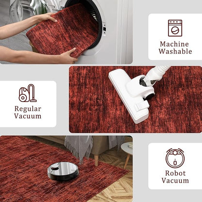 RUGSREAL Living Room Area Rug 9x12 Washable Rug Non-Slip Stain Resistant Modern Abstract Bedroom Rug Contemporary Throw Floor Carpet for Dining Room Solid Area Rug for Home Office, Red