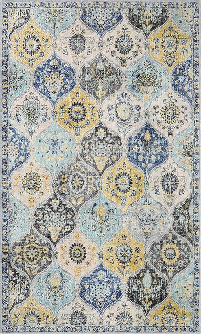 Lahome Moroccan Trellis Washable Small Area Rug, 3x5 Area Rug for Bedroom Living Room, Non-Slip Oriental Accent Throw Carpet for Kitchen Office Entryway Bathroom Office, Yellow/Aqua