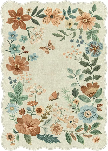 Lahome Floral Living Room Rug, 5x7 Rugs for Bedroom Ultra-Thin Soft Washable Dining Room Rug, Non Slip Stain Resistant Boho Low-Pile Throw Carpet for ‎Office (5x7ft,Beige)