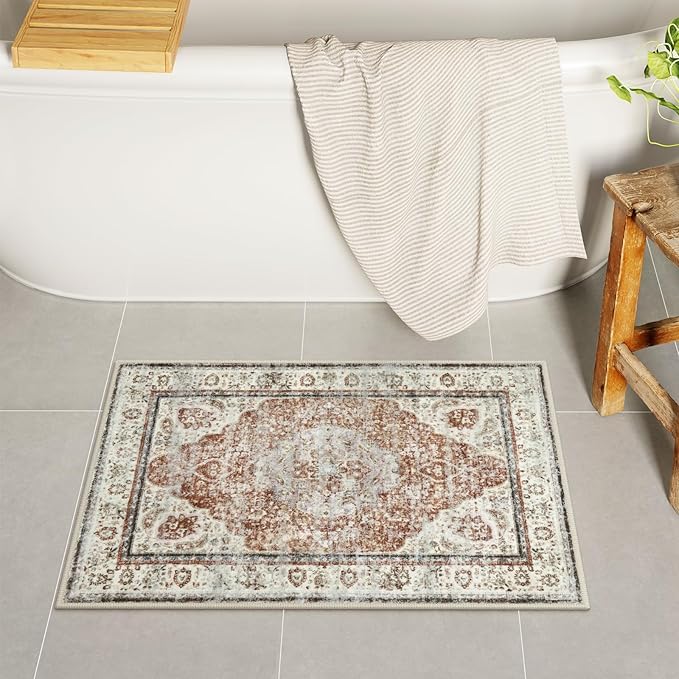 Uphome Orange Bath Mat, Distressed Farmhouse Boho Bathroom Rugs, Super Cozy Velvet Small Bathroom Mats, Non Slip Machine Washable Bathroom Floor Mat for Toilet Sink Shower, 18x26 inch