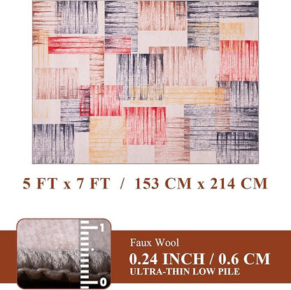 YIHOUSE Cream Retro Rugs 5x7,Blue and Red Vintage Washable Carpets for Bedroom,Farmhouse Abstract Area Rug,Unique Checkered Block Rug for Living Room,Dining Room,Office