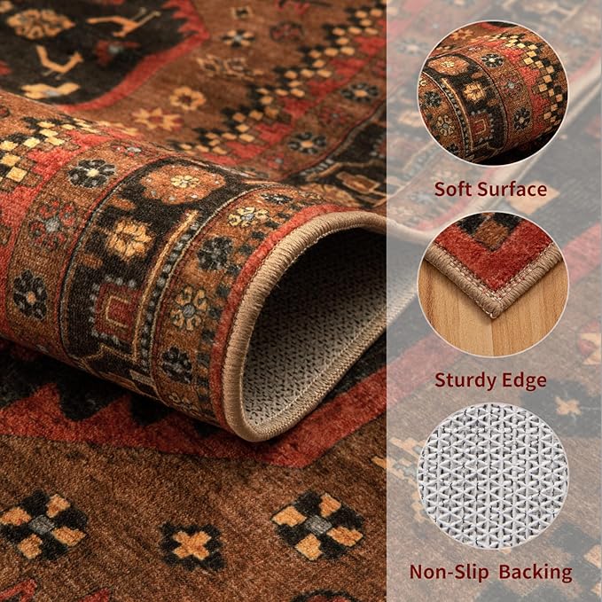 Ciicool 3x5 Area Rug, Washable Red Boho Rugs for Bedroom Non-Slip Indoor Rugs Large Low-Pile Mat Floor Carpet Vintage Rug for Kitchen Living Room Office Dinning Foyer Decor