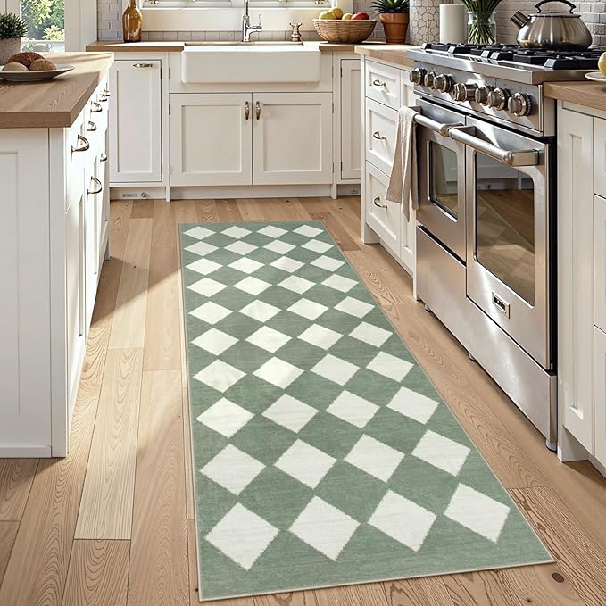 Lahome Checkered Washable 2x6 Green Runners for Hallways Non Slip, Ultra-Thin Kitchen Bathroom Runner Rugs, Moroccan Trellis Throw Carpet Runner for Bedroom Entryway Decor (2'x6',Green)