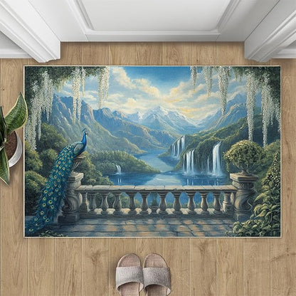 Peacock Rug Large - 6x8 Rug, Peacock Decor Washable Rugs for Living Room, Nature Waterfall Carpet, Natural Landscapes Non-Slip Area Rugs for Bedroom, Aesthetics Carpet - Peafowl Home Decor & Gifts