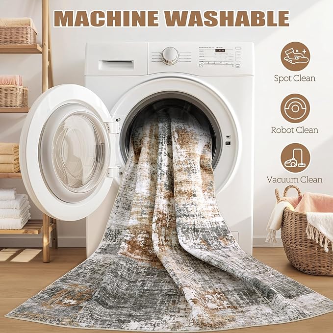Area Rug Living Room Rugs - 10x14 Washable Large Soft Indoor Neutral Modern Abstract Low Pile Rug Carpet for Bedroom Dining Room Farmhouse Home Office - Grey Brown