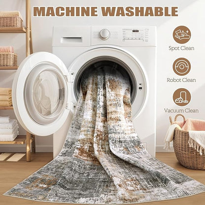 Area Rug Living Room Rugs - 7x9 Washable Large Soft Indoor Neutral Modern Abstract Low Pile Rug Carpet for Bedroom Dining Room Farmhouse Home Office - Grey Brown
