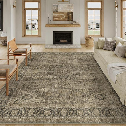12x15 Brown Area Rug Vintage Living Room Bedroom Washable Carpet Non-Slip Soft Low Pile Distressed Extra Indoor Large Throw Rug for Dining Room Office
