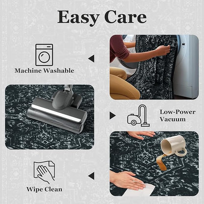 Black Distressed 3x5 Area Rugs for Entryway Foyer, Washable Non Slip Low Pile Throw Rugs for Kitchen, Dark Vintage Medallion Pinted Carpet for Bedroom/Bathroom/Closet/Dorm/Home Office