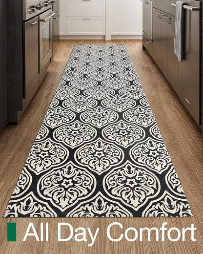 LUMI Washable Low-Pile Runner Rug Non Slip for Hallway, 2.3x8 Soft Carpet Absorbent Waterproof, Modern Black Area Mat Indoor High Traffic for Living Room, Entryway, Laundry