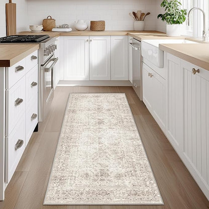 Fmfunctex 3x8 Runner Rug Beige Washable Vintage Neutral Distressed Non Slip Low Pile Indoor Carpet Soft Retro Floral Hallway Entryway Rug for Kitchen Living Room Bedroom Bathroom Laundry Entry Bedside