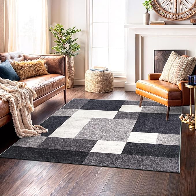 Rugshop Modern Boxes Design Non-Slip (Non-Skid) Square Dining Room, Living Room, Kitchen Area Rug 6'6" x 6'6" Gray