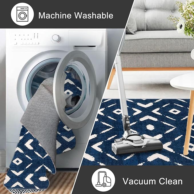 KILOCOCO Hallway Runner Rug 2.6'x8' Runners for Hallways Washable Runner Soft Non Slip Printed Geometric Low-Pile Rugs Runners for Bedroom Kitchen Living Room Boho Rugs, Blue