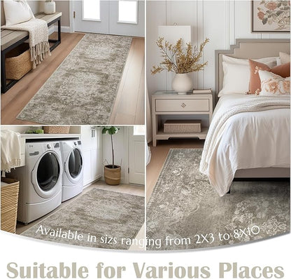 jinchan Vintage Floral Runner Rug 2x6 - Machine Washable Distressed Design Non-Slip Low-Pile Soft Thin Carpet for Hallway Kitchen Farmhouse Bedroom Entryway Laundry Room (2x6ft, Brown)