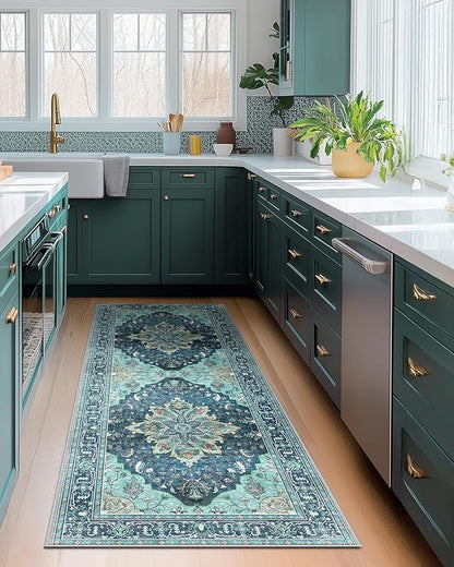 Area Rugs 2'x6' Washable Non-Slip, Floral Vintage Distress Print Pattern Medallion Carpet for Living Room Bedroom Dining Room, Teal Green Lake Blue Turquoise