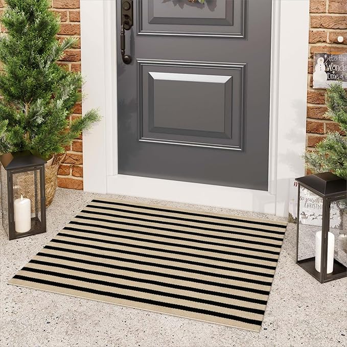 Black and Tan Outdoor Rug 24"x35", Washable Reversible Striped Front Door Mat,Cotton Hand-Woven Layered Door Mats Farmhouse Throw Rugs for Entryway Porch Decor Home Entrance