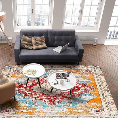 Bohemian Pattern Rectangular Area Rugs for Living Room Bedroom 4 x 6 ft Red & Orange Abstract Non-Shedding Soft Low Pile Rug Non Slip Washable Rug for Nursery Entryway Playroom