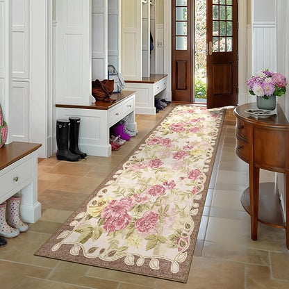 2'6''x8' Machine Washable Runner Rug, Kitchen Hallway Area Rug Pink Vintage Boho Floral Ultra Non-Slip Low Pile Soft Faux Wool Carpet, Kids and Pets Friendly for Bedroom Entryway Nursery Decor Rug