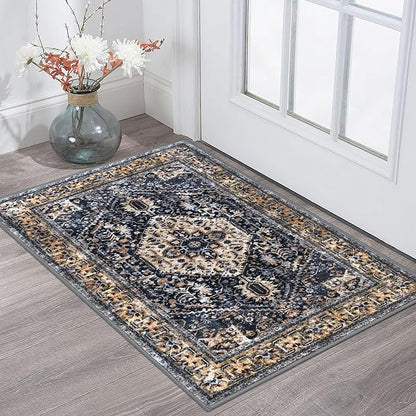 KOZYFLY Small Area Rug 2x3 Ft Rugs for Entryway Washable Boho Entry Rug Non Slip Door Mat Indoor Gold Navy Printed Faux Wool Vintage Kitchen Rug Throw Rugs for Entrance Kitchen