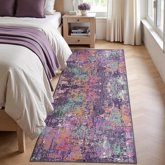 Washable Area Rugs 2'x6' Non-Slip Modern Abstract Soft for Living Room Entryway Bedroom Nursery, Print Pattern, Purple Orange Blue Green Rust Red Colorful