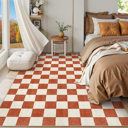 Machine Washable 5x7 Area Rugs for Living Room Checkered, Non Slip Soft Low Pile Farmhouse Halloween Modern Neutral Playroom Boys Rugs for Bedroom, Large Carpet Rugs for Dining Room(Orange,5'x7')