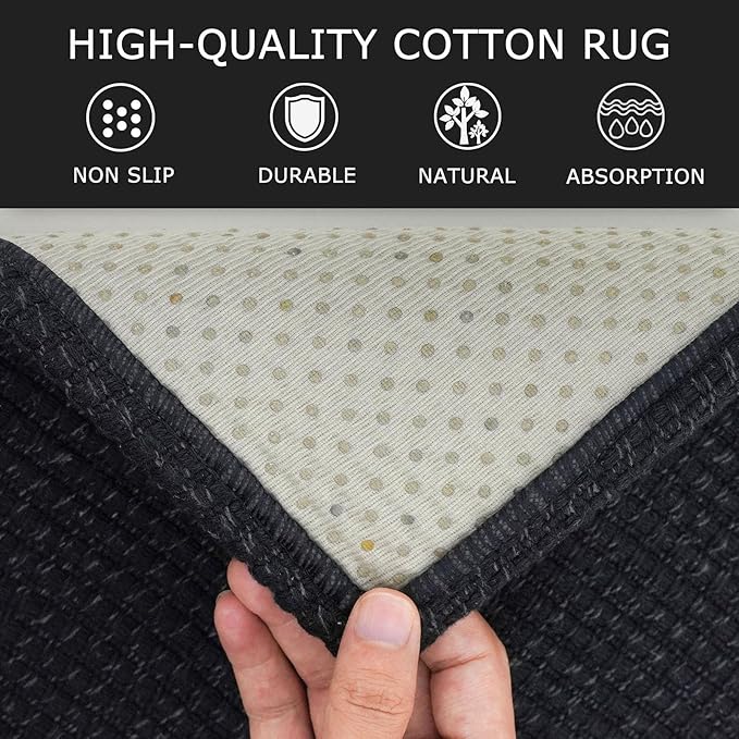 KOZYFLY Washable Area Rug 5x7 ft Rubber Backed Non Slip Rugs for Living Room Braided Cotton Bedroom Rug Woven Office Rugs Indoor Floor Carpets for Dining Bedroom Living Room, Black/Dark Grey
