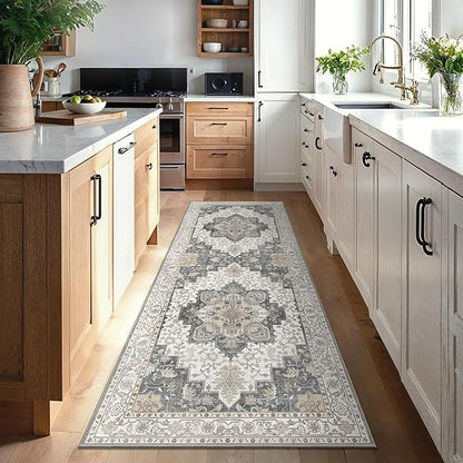 GENIMO 2x5 Runner Rugs for Hallway, Machine Washable Non Slip Vintage Retro Rugs, Low Pile Lightweight Soft Print Rug for enrtyway, Corridor, Home Office, Kitchen, Heathered Grey