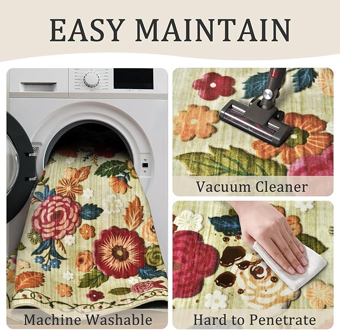 8x10 Machine Washable Area Rug for Living Room, Green Vintage Boho Floral Rug Large Non-Slip Low Pile Soft Faux Wool Carpet, Kids and Pets Friendly for Bedroom Dining Room Farmhouse Home Decor Rug
