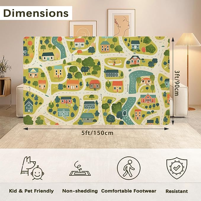 Cute Map Cars Washable 3x5 Area Rugs for Living Room, Thin Low Pile Contemporary Carpet, Non-Slip Base Lightweight Rug