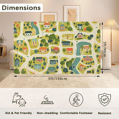 Cute Map Cars Washable 3x5 Area Rugs for Living Room, Thin Low Pile Contemporary Carpet, Non-Slip Base Lightweight Rug