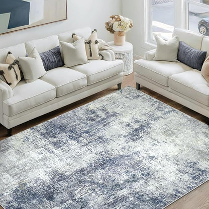Washable Area Rug 5x7 - Neutral Modern Abstract Rugs, Soft Non Slip Thin Carpet with for Bedroom, Under Dining Room Table, Home, Office, Dorm, Office Rolling Chair - Indigo Gray