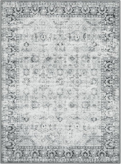 LIVEBOX Washable 9x12 Area Rug for Living Room, Large Grey Neutral Boho Floral, Soft Anti-Skid Thin, Vintage Faux Wool for Office, Bedroom, Dining Room