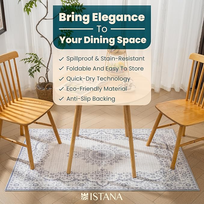 Istana Rug 3x5 - Grey/White Cream Area Rug 3x5 - Pet Friendly Washable Rug - Non Shedding Soft Rugs for Living Room - Eco-Friendly Foldable Dining Room Table Rugs