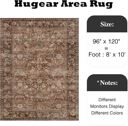 HUGEAR 8x10 Machine Washable Rugs Brick Red Hallway Large Area Rug Indoor Accent Rug Floral Low Pile Carpet Soft Throw Aesthetic Rug Bedroom Living Room Office Dining Room Kitchen Laundry Room