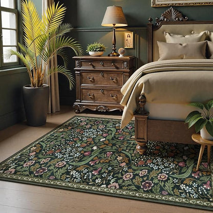 Lahome Floral 5x7 Washable Living Room Rugs, Green Area Rugs for Bedroom Rubber Backed, Botanical Thin Stain-Resistant Carpet for Dining Room, Guestroom, Kids Room, Living Room Decor
