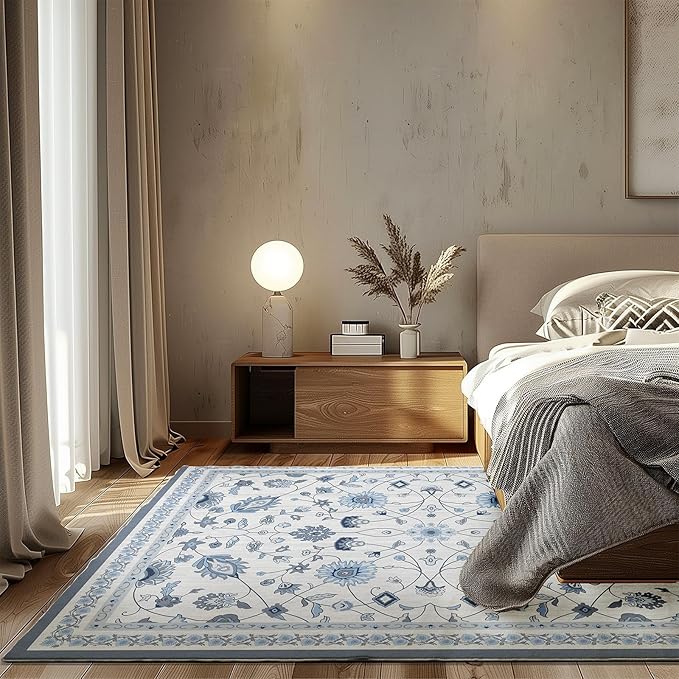 EVERGRACE Area Rugs for Living Room 9x12, Boho Floral Faux Wool Indoor Outdoor Rugs, Washable Rugs for Bedroom Dining Room Entryway Kitchen, Low Pile Floor Mat Carpet for Home Decor, Porcelain Blue