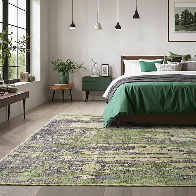 Toneed Abstract Area Rug Modern Washable Rug Soft Non Slip Rug Low Pile for Bedroom Living Room Dining Room Green 5x7 Feet