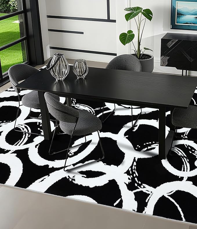 YIHOUSE Black Modern Geometric Area Rug 5x7, Black and White Rug with Abstract Circles,Non-Shedding Washable Rugs for Bedroom, Home Office and Small Living Room