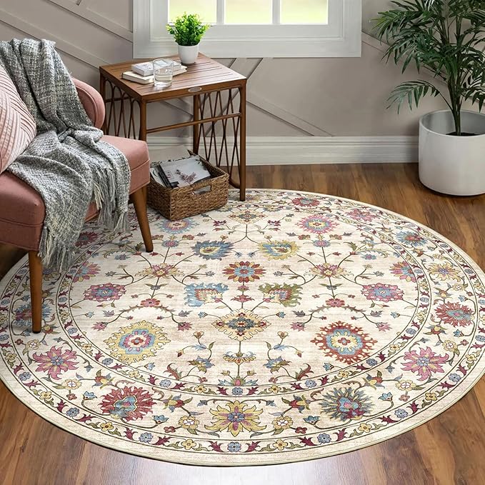 Washable Round Area Rug 4ft - Cream Colorful Traditional Floral Boho Living Room Circle Rug 4x4 Non-Slip Carpet Soft Vintage Bohemian Round Rugs for Bedroom Bathroom Kitchen Nursery