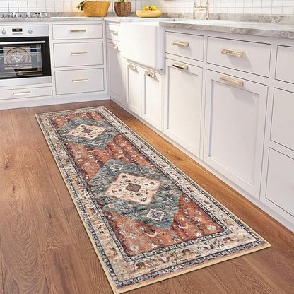 KOZYFLY Runners for Hallways 2x6 Ft Washable Kitchen Runner Rug Boho Runner Rug for Entryway Indoor Rust/Orange/Blue Printed Oriental Faux Wool Floor Carpet Runner for Bedroom Kitchen Hall