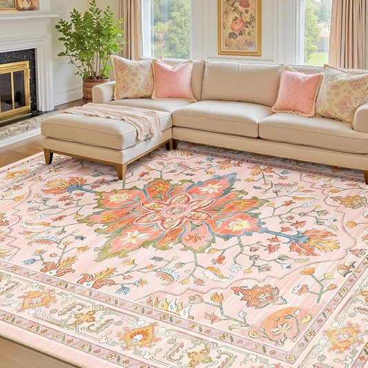 Area Rugs 8'x10' Washable Non-Slip, Floral Vintage Distress Print Pattern Medallion Carpet for Living Room Bedroom Dining Room, Light Pink Colorful