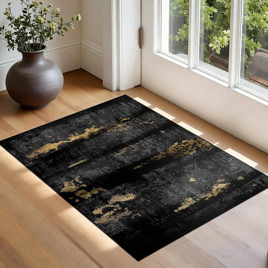 Washable Area Rugs 2'x3' Non-Slip Modern Abstract Soft for Living Room Entryway Bedroom Nursery, Print Pattern, Dark Black Gold