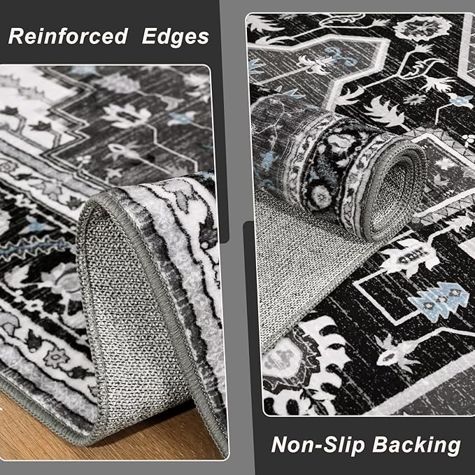 3x5 Black Grey Area Rug for Living Room, Machine Washable Rugs with Non-Slip Backing for Bedroom, Vintage Medallion Carpet Kitchen Laundry Kids Room Decor